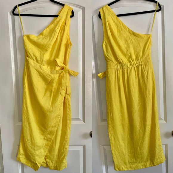 NWT Anthropologie One-Shoulder Linen Midi Dress in Yellow Size 10 (Orig. $180) - Picture 2 of 6